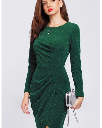 Rochie cambrata cu aspect stralucitor si maneci lungi, Verde inchis