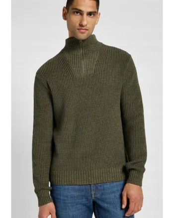 Pulover barbati,  Half Zip, guler ridicat, verde, 50% lana, regular fit,