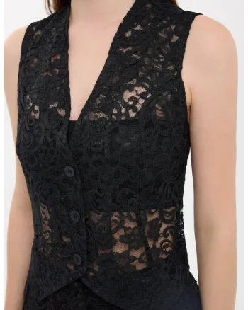 Top vesta dama,  fara maneci, dantela, negru, textil,