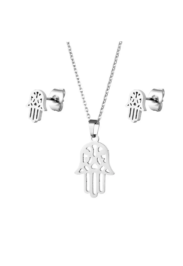 Set titan colier cu cercei 5164,  Argintiu, lungime 45 cm, Mana Fatimei