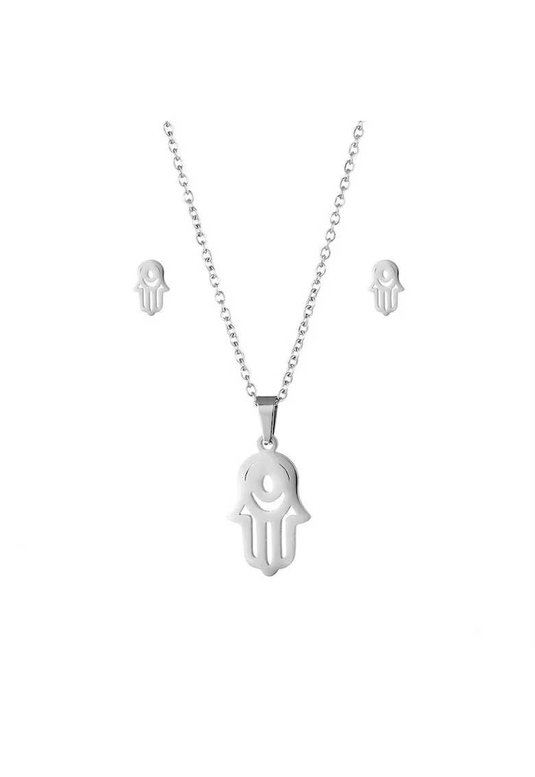 Set titan colier cu cercei 5165,  Argintiu, lungime 45 cm, Mana Fatimei