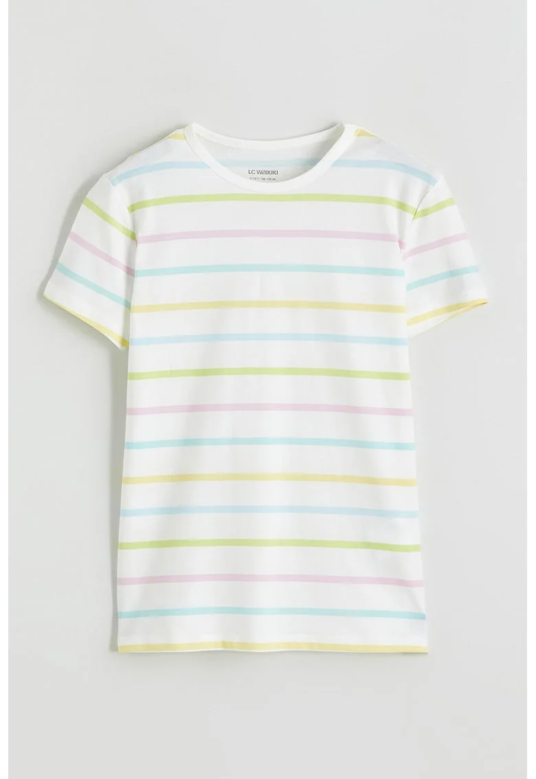 Tricou din bumbac cu dungi, Alb/Roz deschis/Albastru glaciar