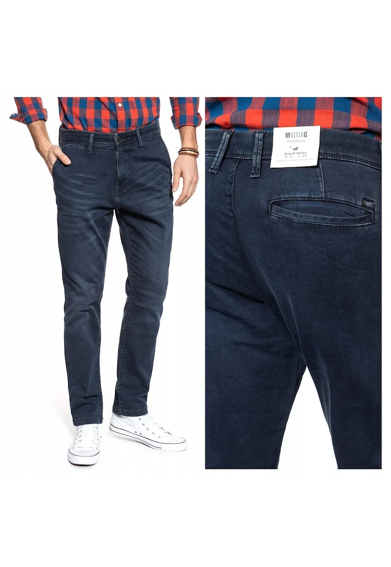 Blugi Barbati,  Relax Chino, Slim Fit, Talie Medie, Fermoar, Lungi, 5 Buzunare, Bumbac, Albastru, Albastru