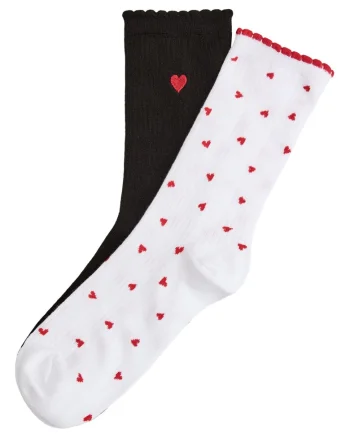 Sosete dama, Lungi, Cu inimioare, set de 2 perechi, Negru-Alb, Amora, Negru