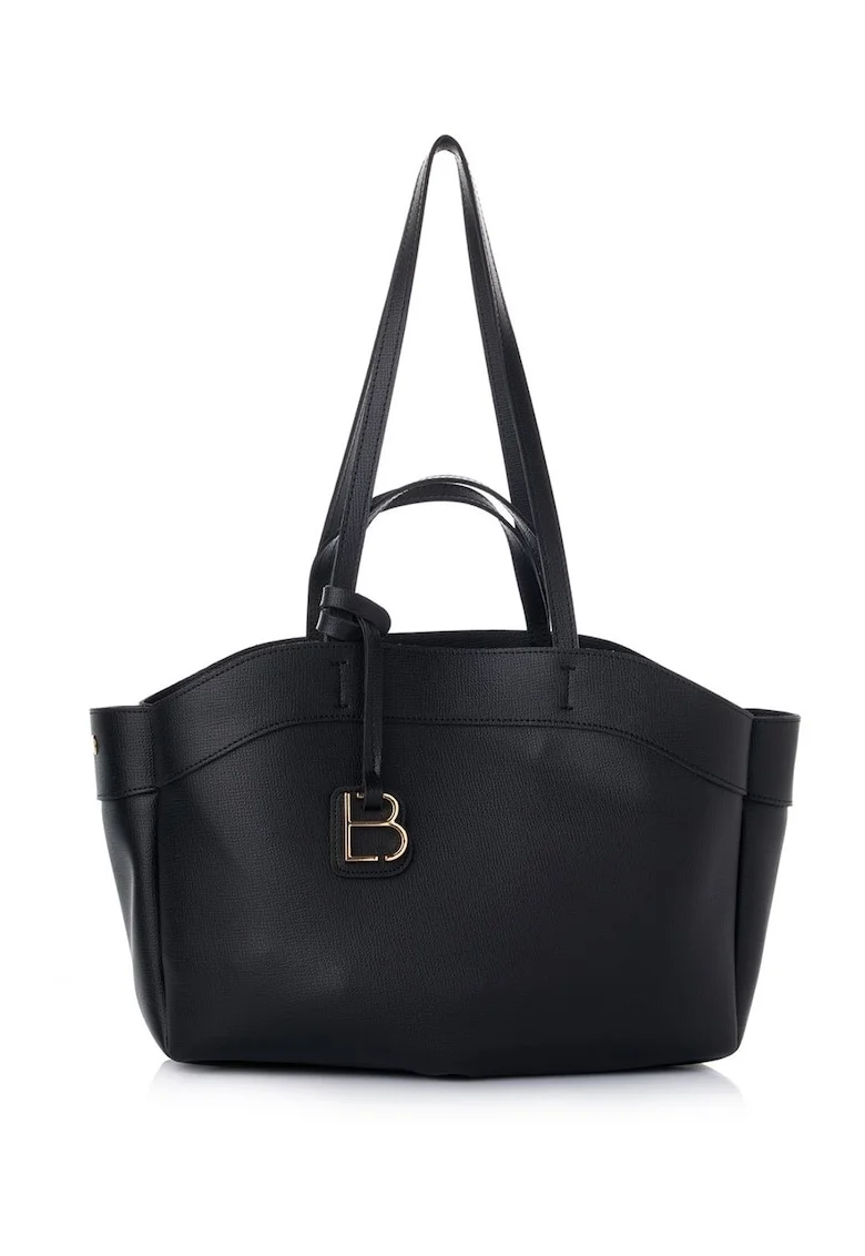 Geanta din piele ecologica cu accesoriu logo detasabil, Negru, 22x42x19
