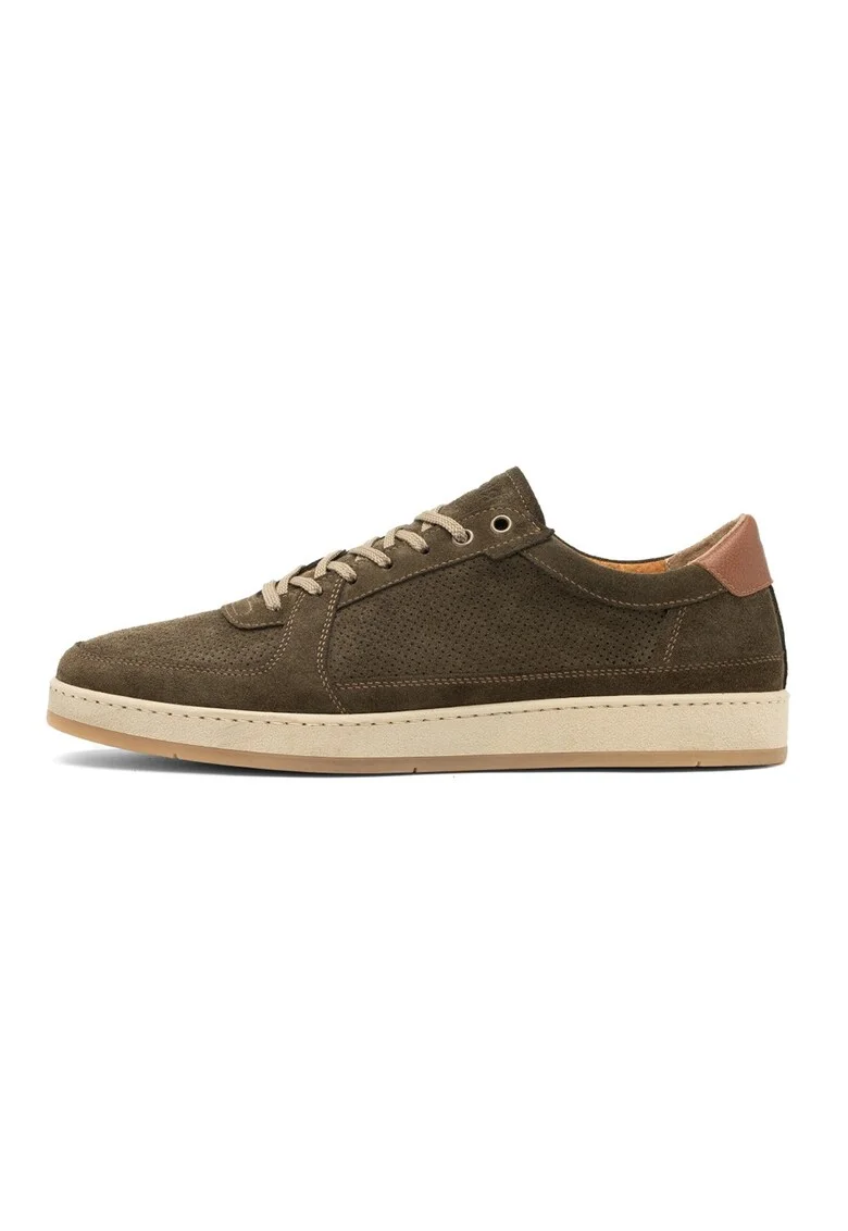 Pantofi sport din piele intoarsa cu detalii perforate, Kaki inchis