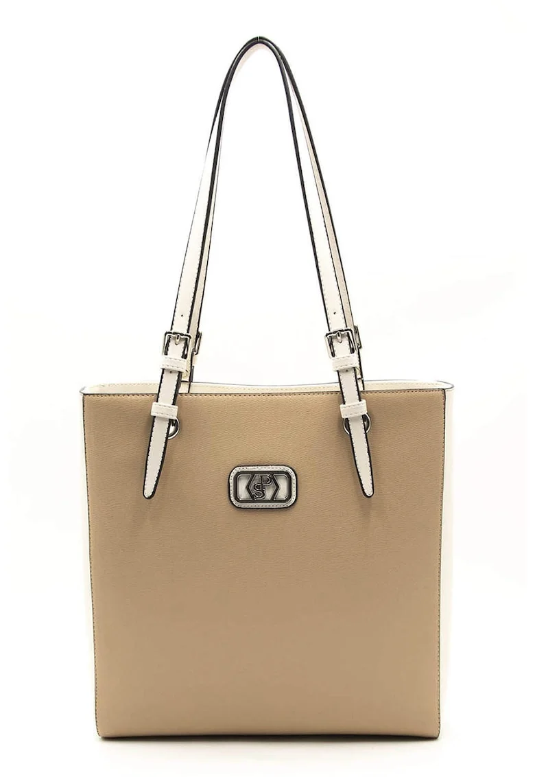 Geanta tote de piele ecologica, Bej/Maro camel