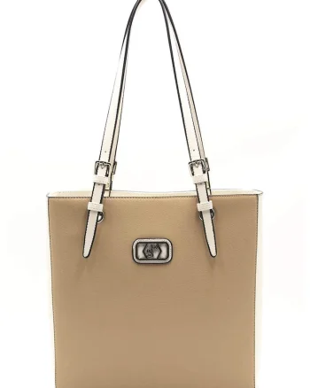 Geanta tote de piele ecologica, Bej/Maro camel