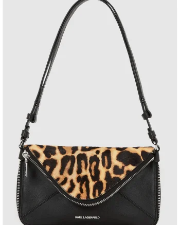 Geanta din piele cu bareta de umar si animal print, Negru/Maro camel