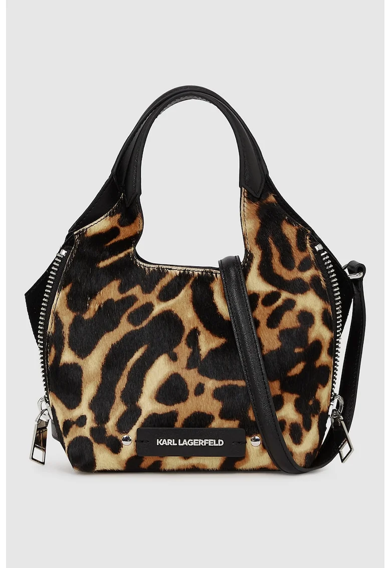 Geanta din piele cu bareta de umar si animal print, Negru/Maro camel