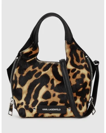 Geanta din piele cu bareta de umar si animal print, Negru/Maro camel