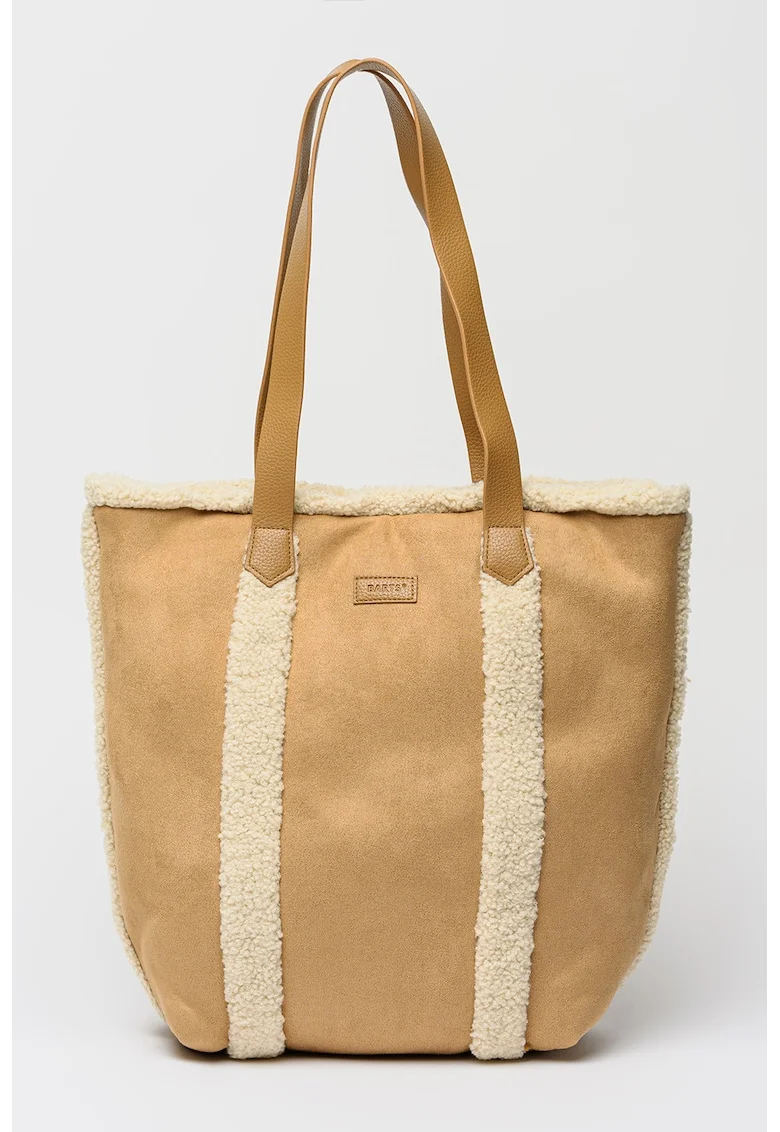 Geanta shopper textila cu logo, Alb fildes/Maro camel