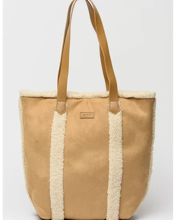 Geanta shopper textila cu logo, Alb fildes/Maro camel
