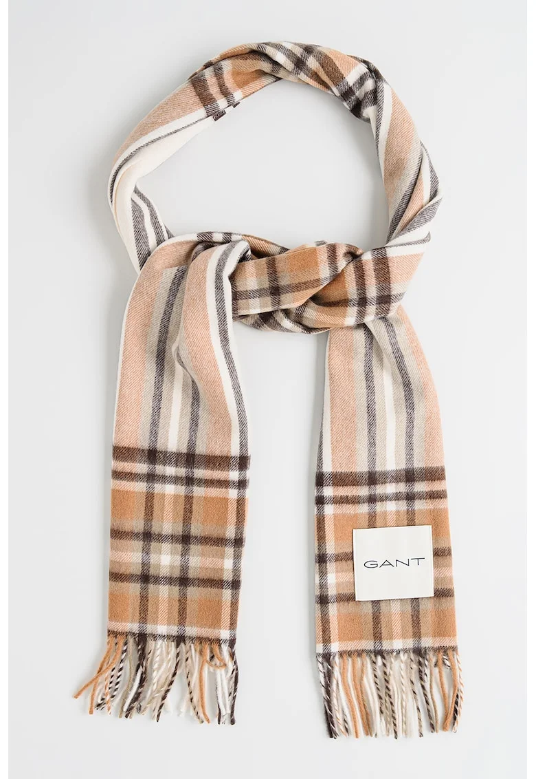 Fular franjurat de lana merinos cu model tartan, Maro inchis/Bej/Bej deschis