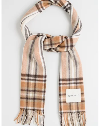 Fular franjurat de lana merinos cu model tartan, Maro inchis/Bej/Bej deschis