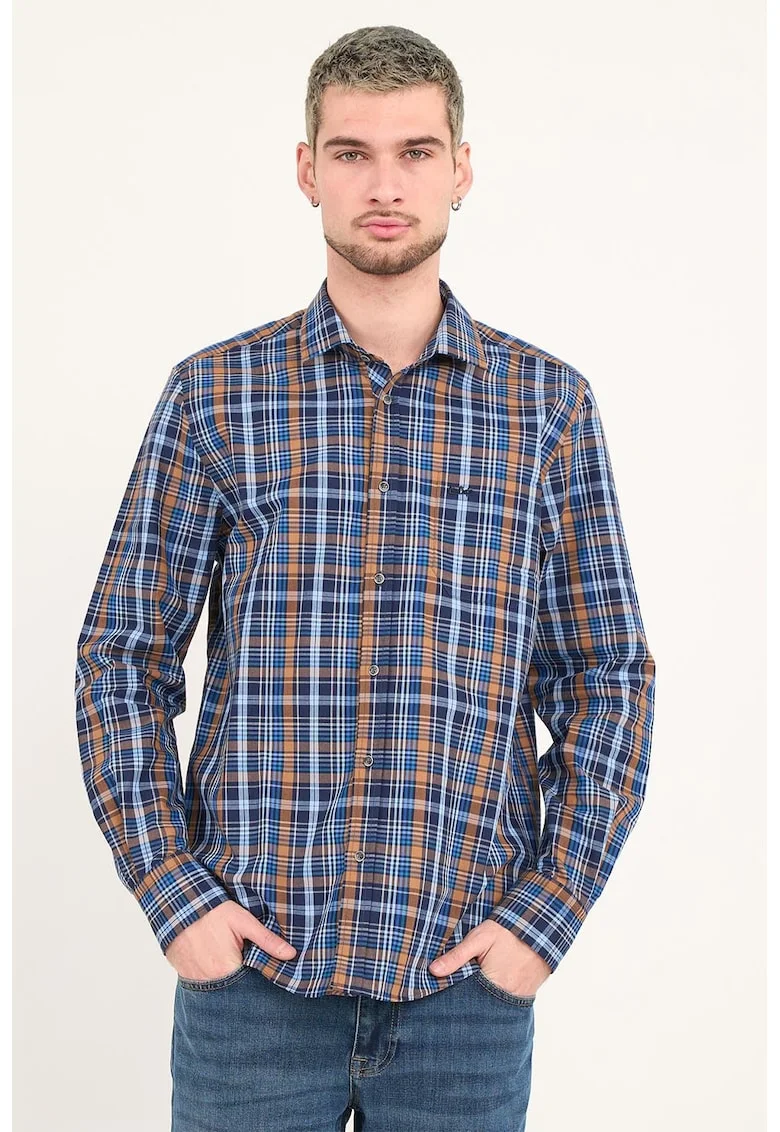 Camasa in carouri cu maneci lungi, Caramel/Albastru