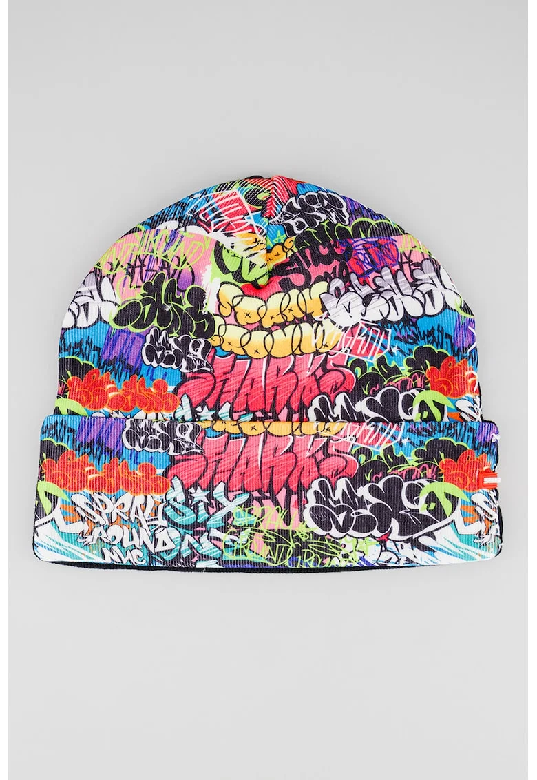 Caciula unisex cu imprimeu grafiti si model cu doua fete, Multicolor