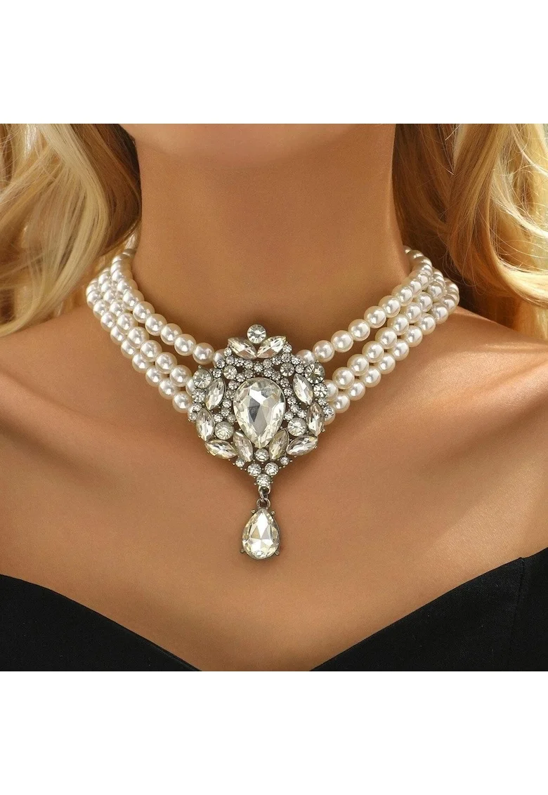 Colier choker, argintiu, masiv, cu pietre si perle, Osias C5