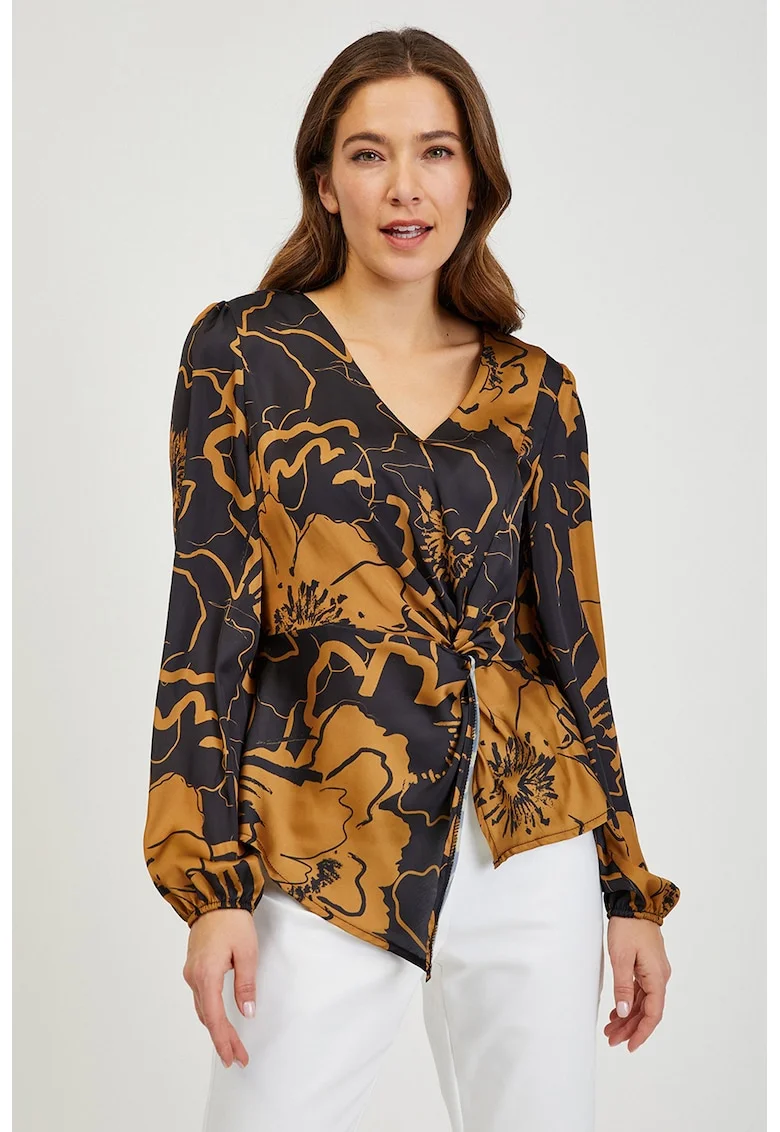 Bluza cu teminatie asimetrica, decolteu in V si model, Negru/Maro deschis