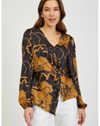 Bluza cu teminatie asimetrica, decolteu in V si model, Negru/Maro deschis