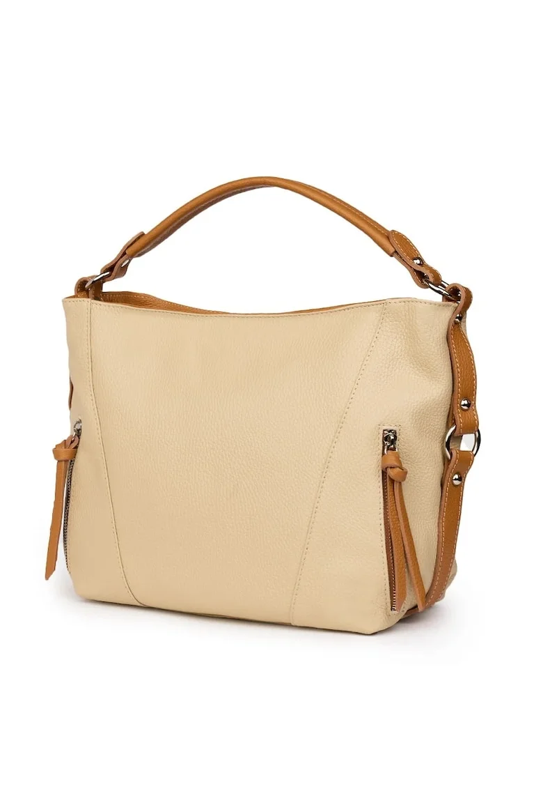 Geantă din piele naturală  Samira crem/coniac, dimensiuni 27x38x10cm, cu două compartimente, purtare pe umăr sau în mână, 27x38cm