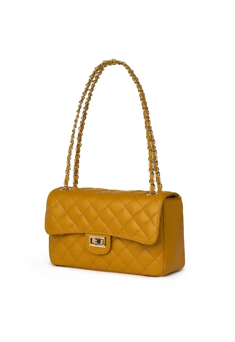 Poseta de piele matlasata  Angela, galben mustar, 16x27x9cm, bretea de umar convertibila