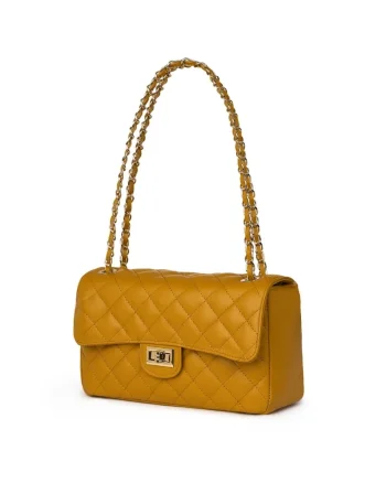Poseta de piele matlasata  Angela, galben mustar, 16x27x9cm, bretea de umar convertibila
