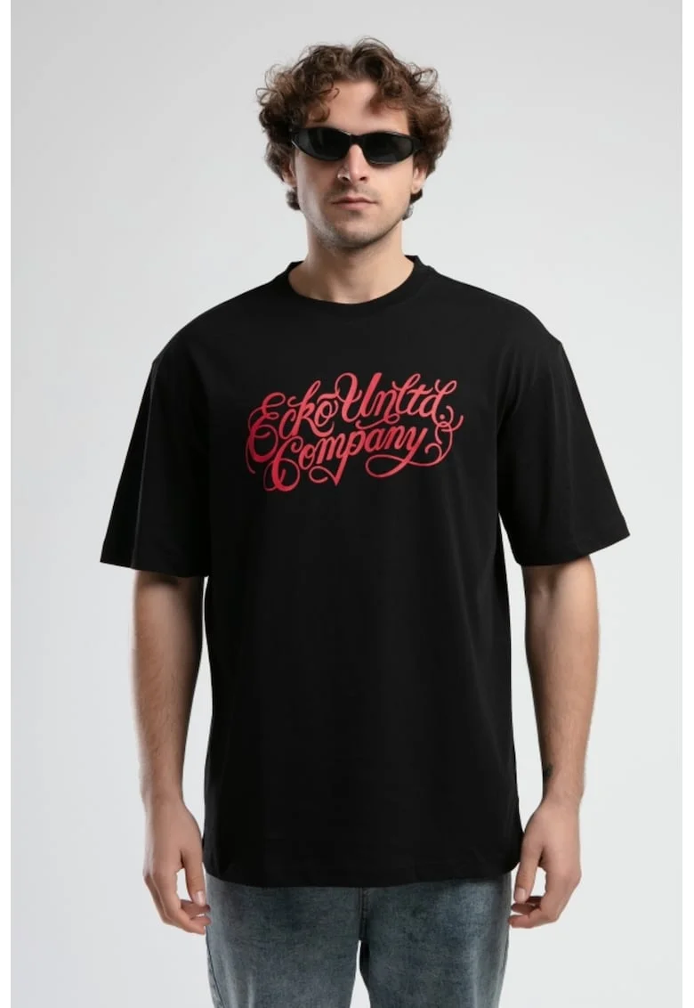 Tricou cu logo si decolteu la baza gatului, ALBANY, Negru, Negru