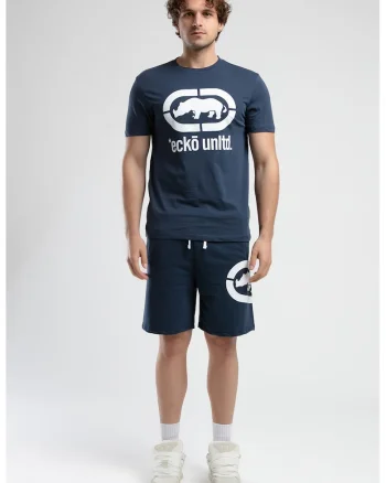Tricou cu decolteu la baza gatului si imprimeu logo Marc, Alb optic/Bleumarin