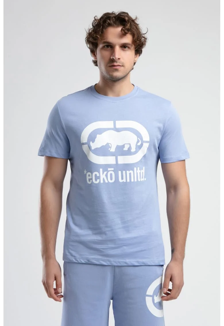 Tricou cu decolteu la baza gatului si imprimeu logo Marc, Alb/Albastru lavanda