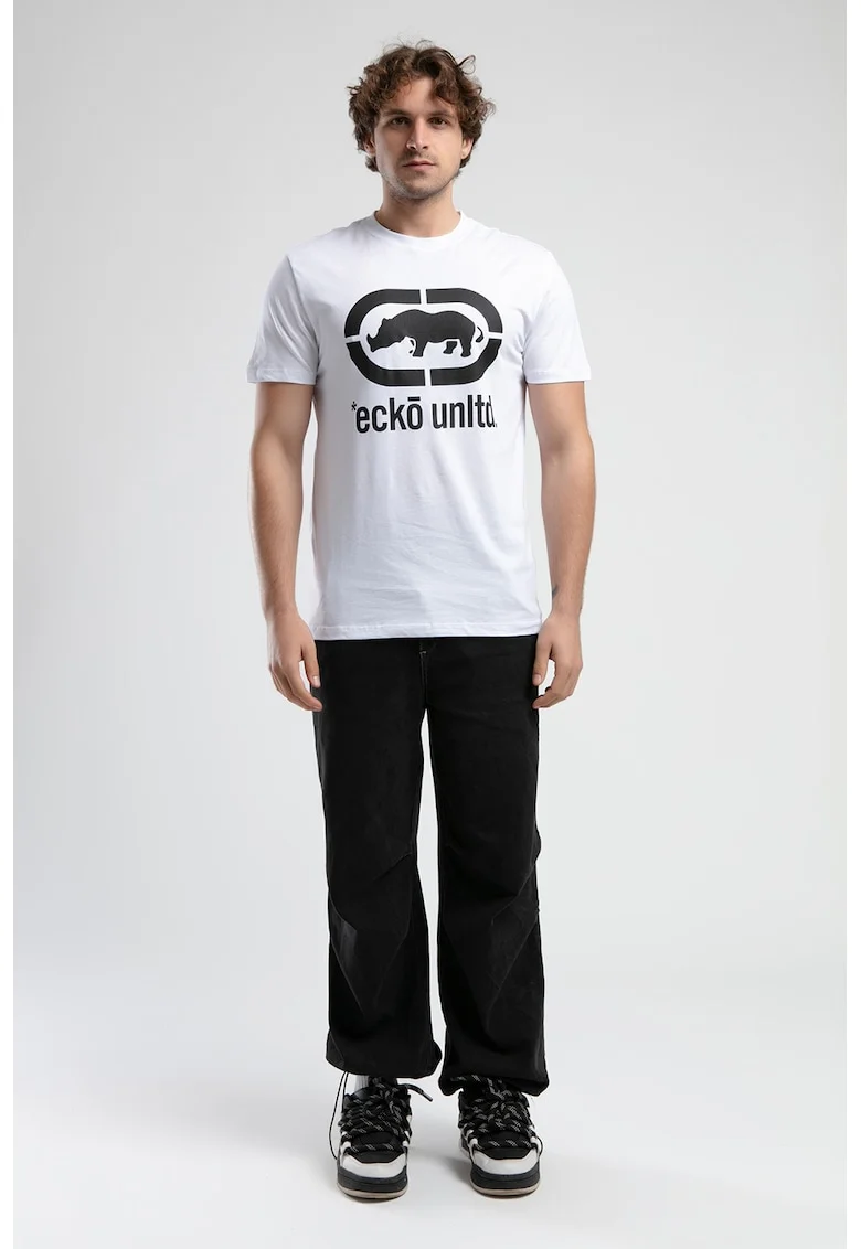 Tricou cu decolteu la baza gatului si imprimeu logo Marc, Negru/Alb optic