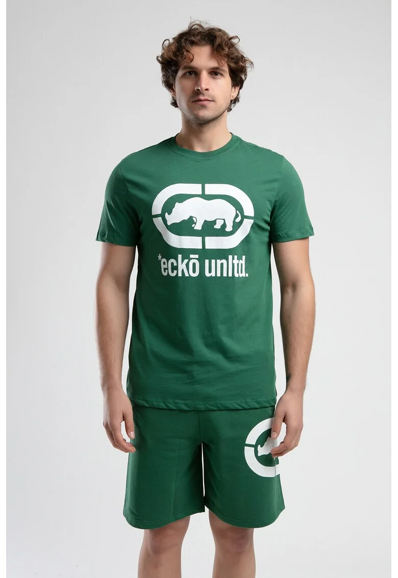 Tricou cu decolteu la baza gatului si imprimeu logo Marc, Alb/Verde feriga