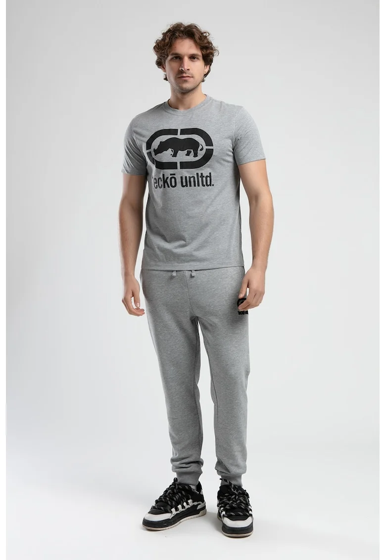 Tricou cu decolteu la baza gatului si imprimeu logo Marc, Negru/Gri deschis melange