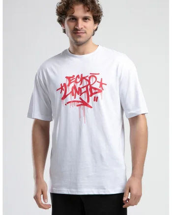 Tricou cu imprimeu logo si maneci cazute, Rosu/Alb optic