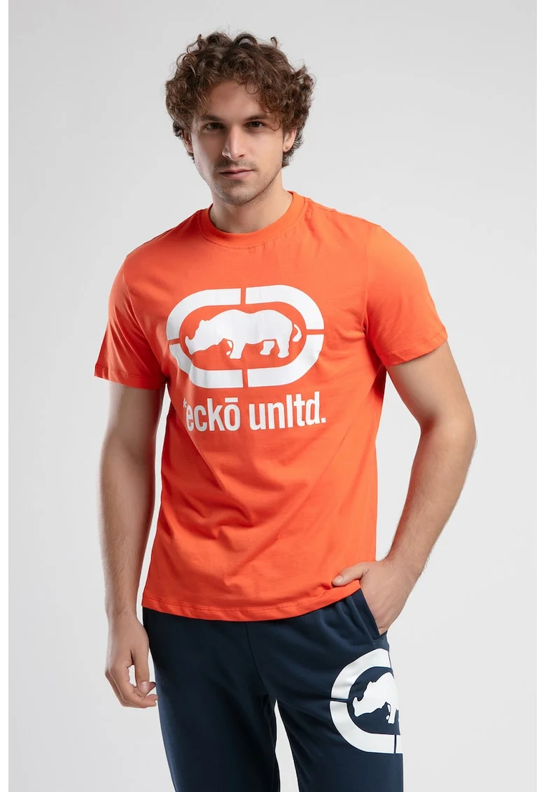 Tricou cu decolteu la baza gatului si imprimeu logo Marc, Alb/Portocaliu