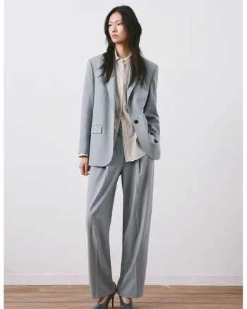 Pantaloni relaxed fit cu talie medie, Albastru prafuit