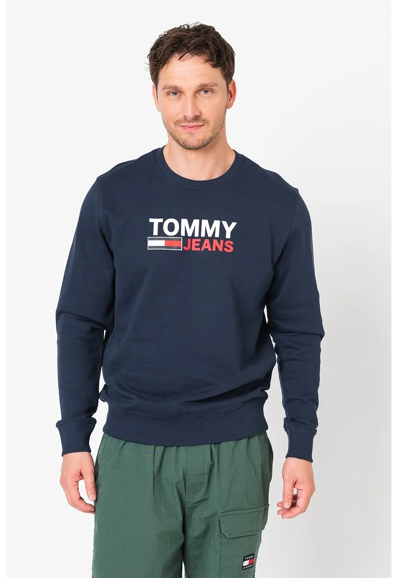Bluza sport din bumbac organic cu decolteu la baza gatului si imprimeu logo, Albastru inchis,