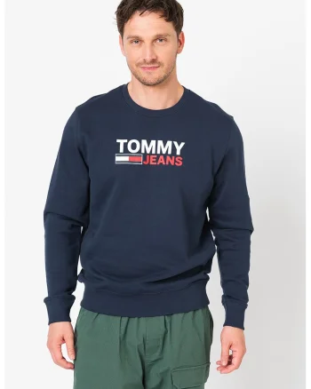 Bluza sport din bumbac organic cu decolteu la baza gatului si imprimeu logo, Albastru inchis,