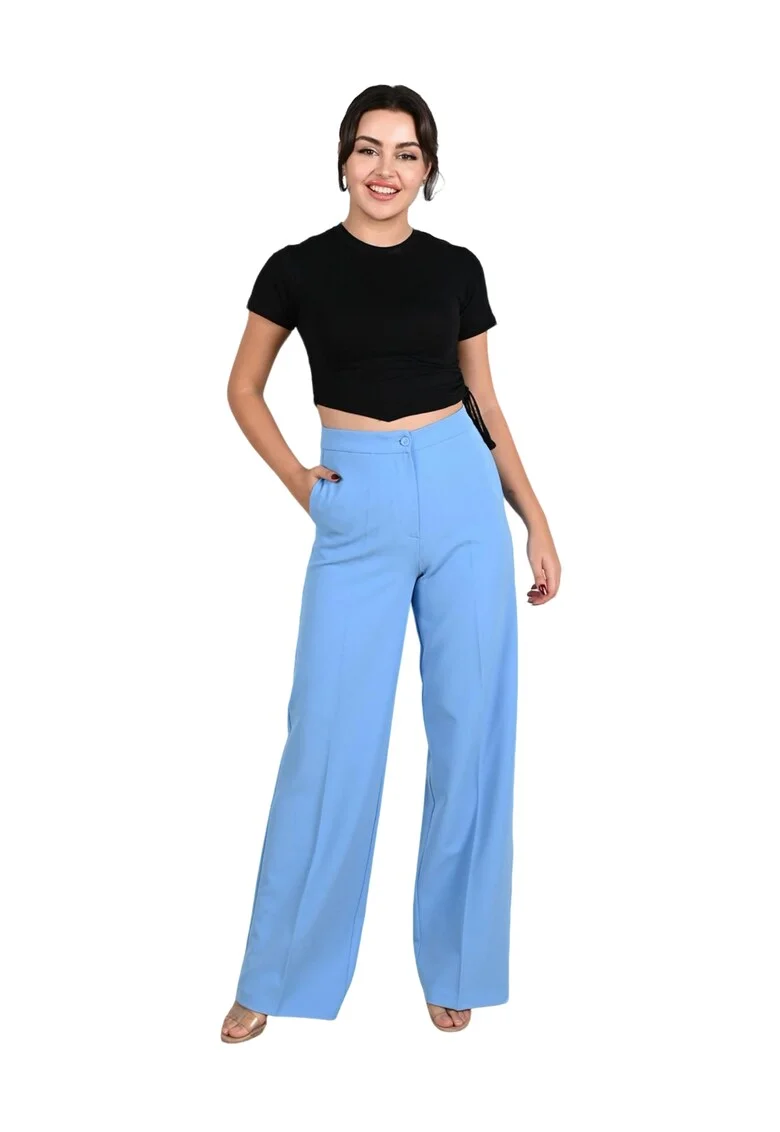 Pantaloni Dama, Drepti si eleganti, Talie inalta si croi drept, Bumbac, Albastru