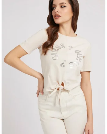 Tricou crop cu logo, Maro nisip