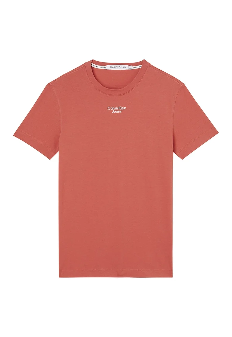 Tricou slim fit din amestec de bumbac organic cu decolteu la baza gatului, Portocaliu mandarina