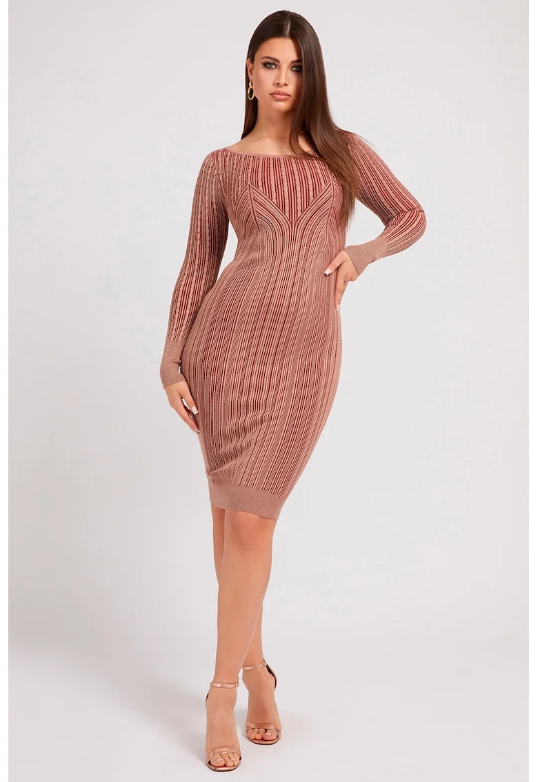 Rochie cambrata cu imprimeu si decolteu rotund, Rosu inchis/Rosu stins