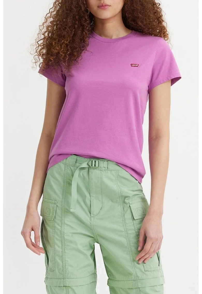 Tricou din bumbac cu decolteu la baza gatului,  Violet, Violet