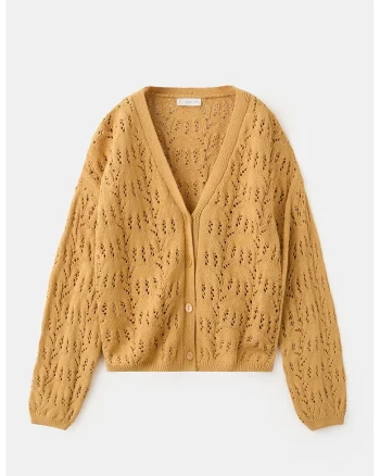 Cardigan cu model cu perforatii si decolteu in V, Galben mustar