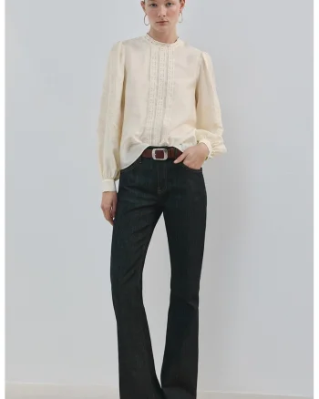 Bluza lejera cu broderie florala, Crem