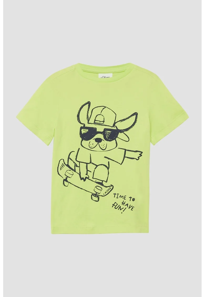 Tricou cu decolteu la baza gatului si imprimeu grafic, Negru/Verde lime