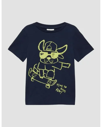 Tricou cu decolteu la baza gatului si imprimeu grafic, Verde lime/Bleumarin