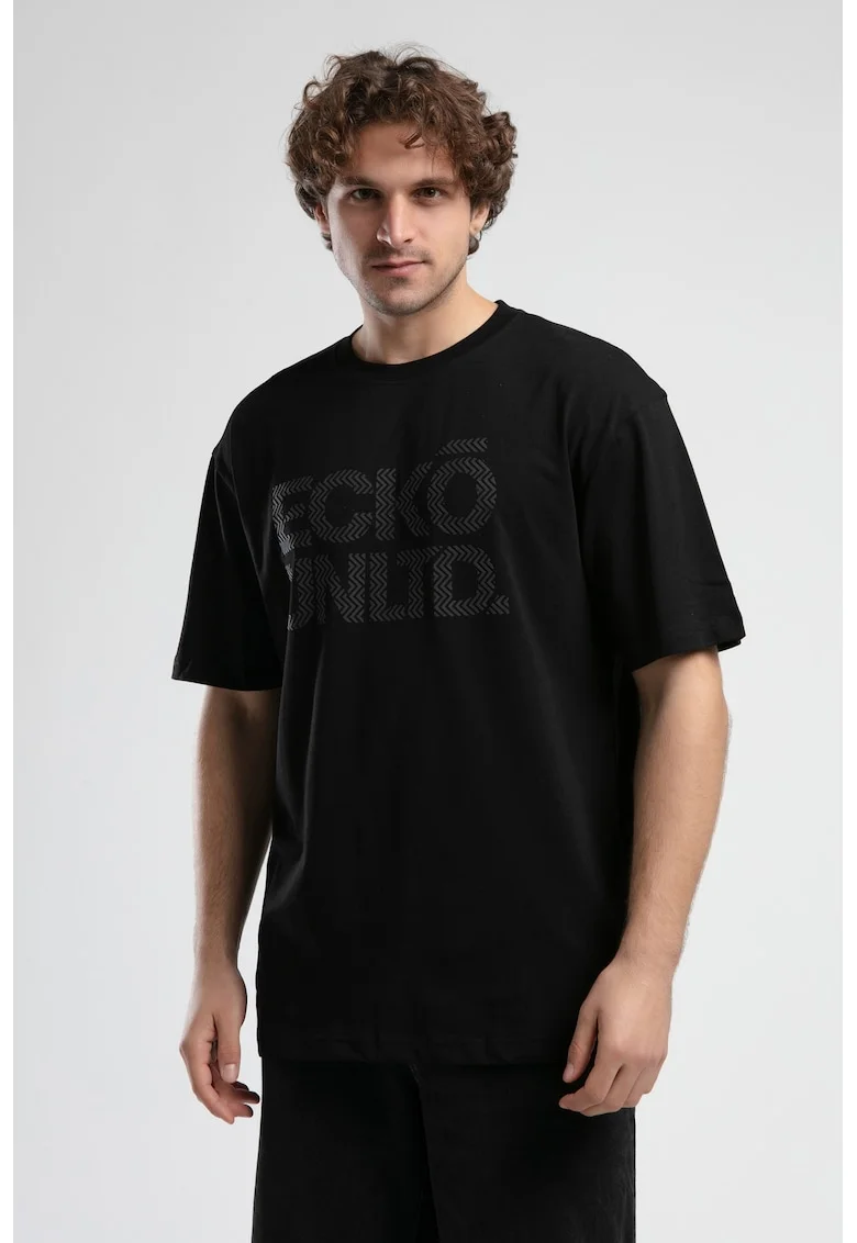 Tricou cu logo si decolteu la baza gatului, ASTORIA, Alb, Negru