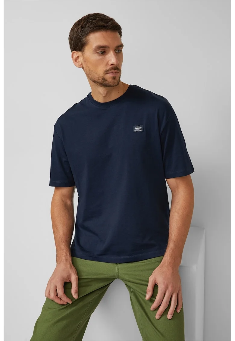 Tricou de bumbac cu decolteu la baza gatului, Alb optic/Bleumarin