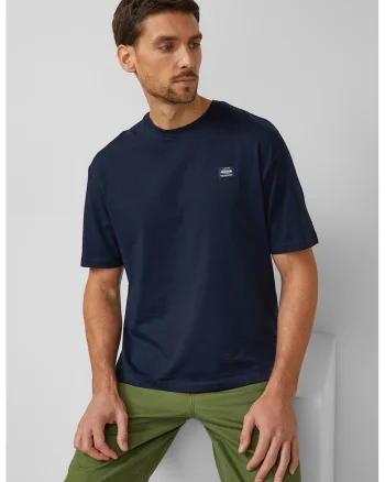 Tricou de bumbac cu decolteu la baza gatului, Alb optic/Bleumarin